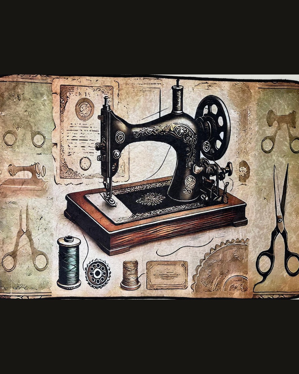 Vintage sewing machine artwork inside Stitch & Sew